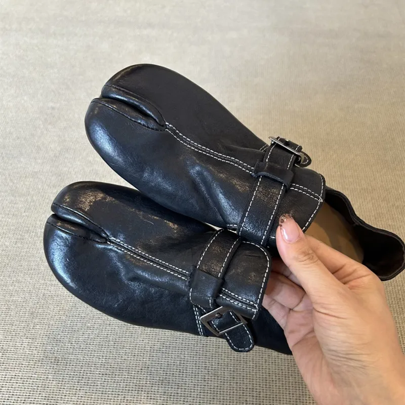 Ins style Fashion Soft Leather Strap Buckle Sewing Women Pumps Casual Low Heeled Split Toe Loafers Female Lazy Tabi Daily Shoes image 3