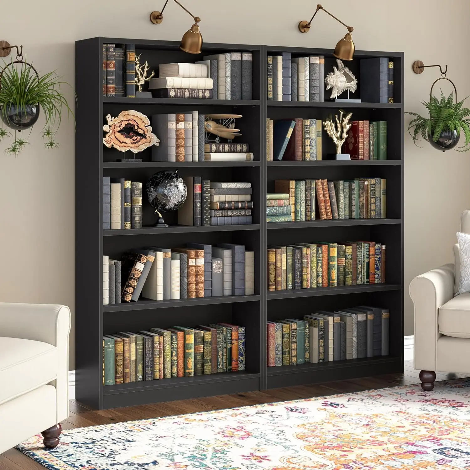 5 Shelf Bookcase in Black, Vertical Storage and Display Bookshelf for Home Office or Living Room