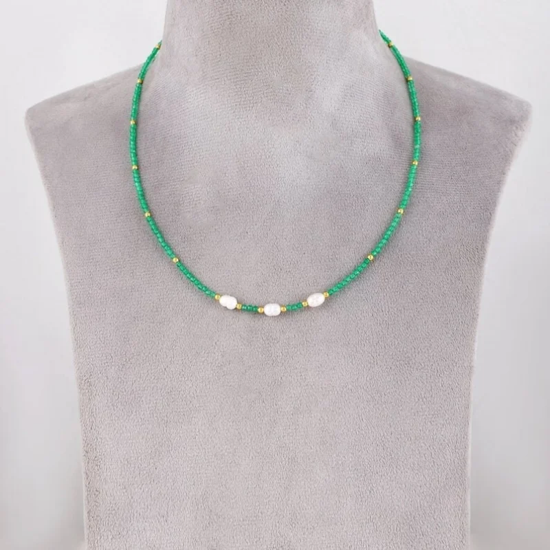 

Natural Peral & Green Onyx 2 Multi Faceted Round Gemstone Beaded Necklaces 24''