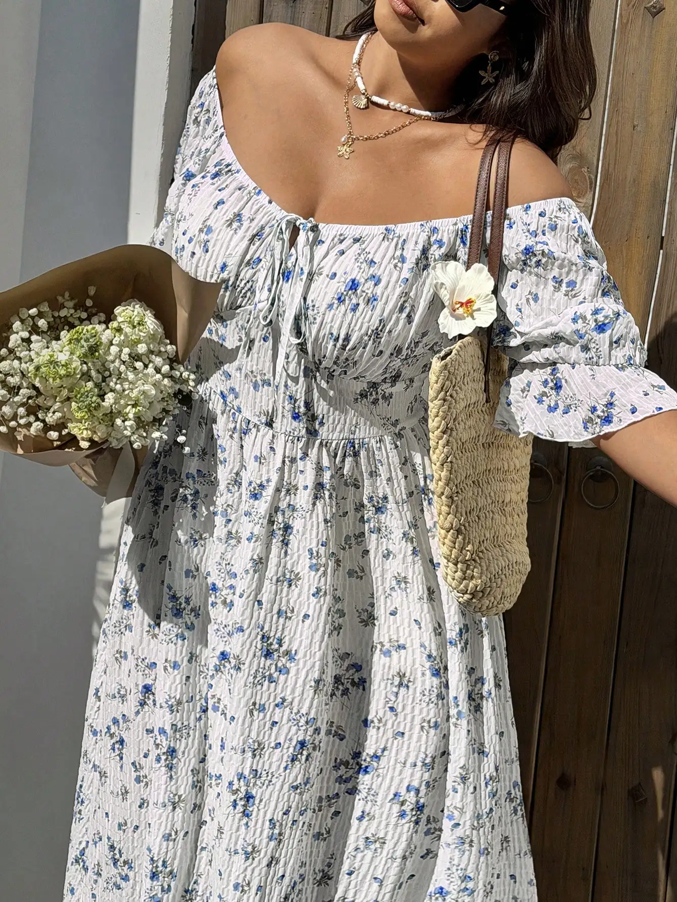 

Off Shoulder Floral Print Dress With Ruffles And Waist Tie For Summer Vacation