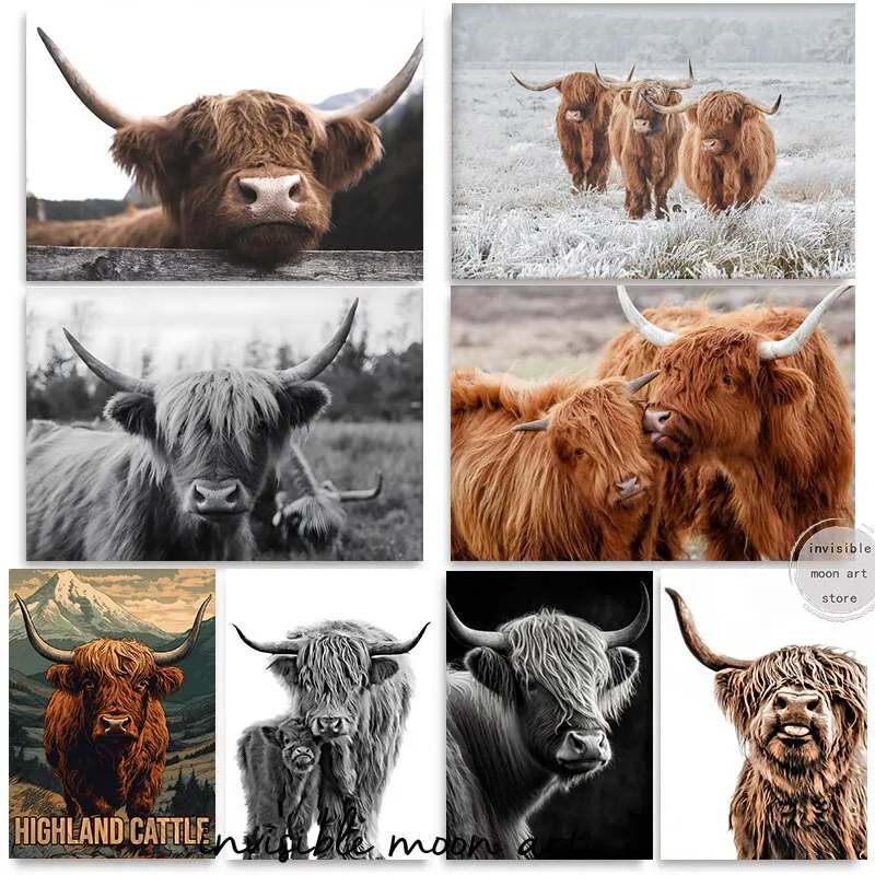 Scottish Highland Cow & Calf Canvas Art Print - Farmhouse Animal Wall Decor for Living Room