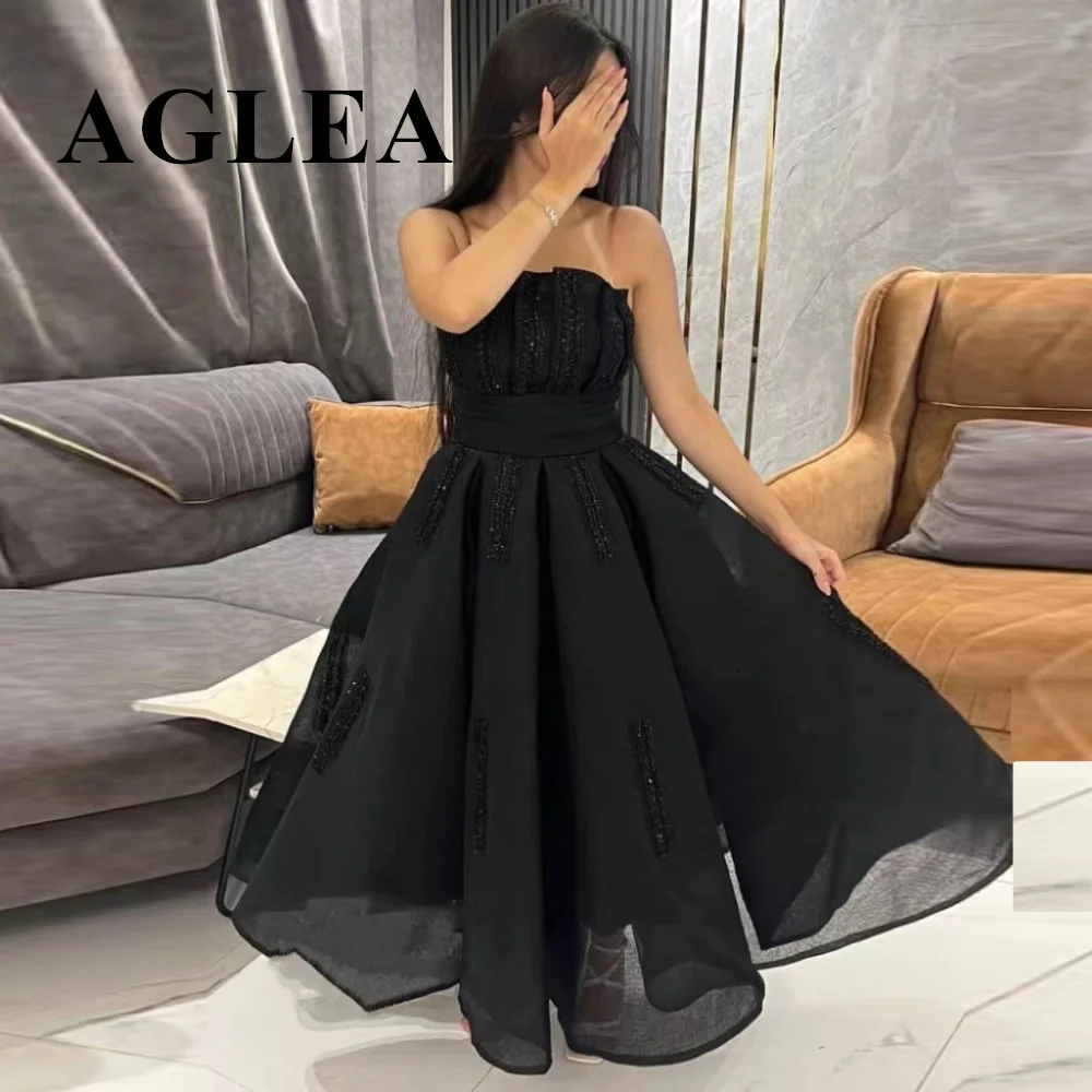 AGLEA Squins Sparkle Elegant Prom Gown for Women Strapless Pleat A-line Ankle-Length Sleeveless Modern Evening Party Dresses