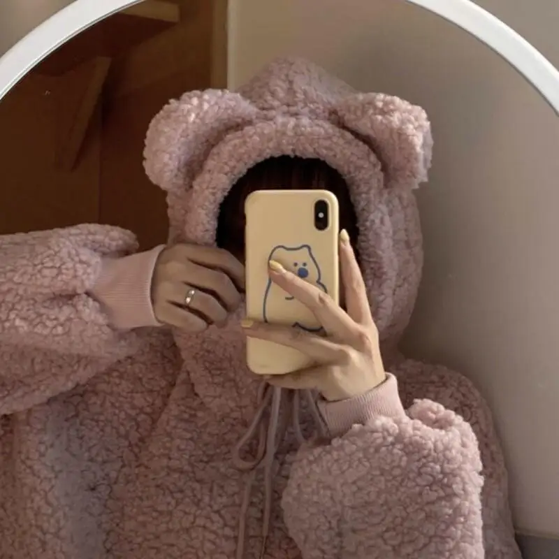 Damska bluza z kapturem, polarowa, z uszami misia, ciepła, gruba, luźny krój, modna, studencka, codzienna, na zimę i jesień.