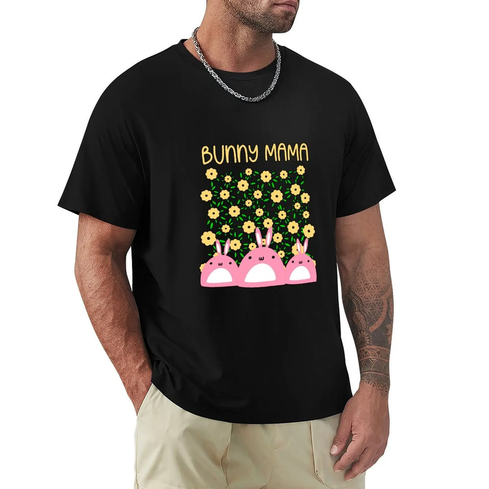 

Bunny Mama Kawaii Pink Rabbits and Daisies T-Shirt Sports Basic Short Sleeve T-Shirt