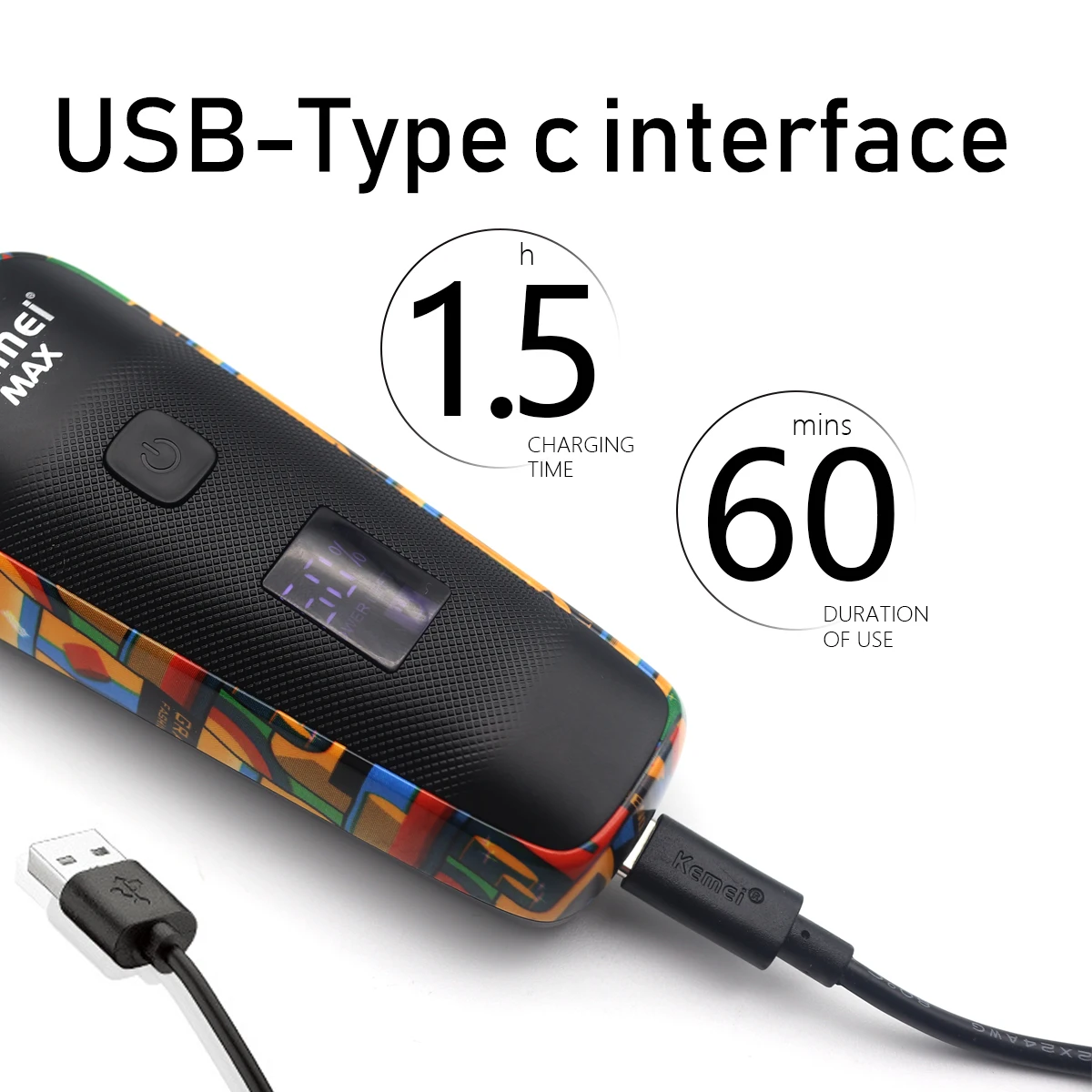 USB 충전 KM-MAX5090 전문 헤어 트리머 기계, 강력한 유도 모터, T자형 커팅 헤드, 오래 지속되는 배터리