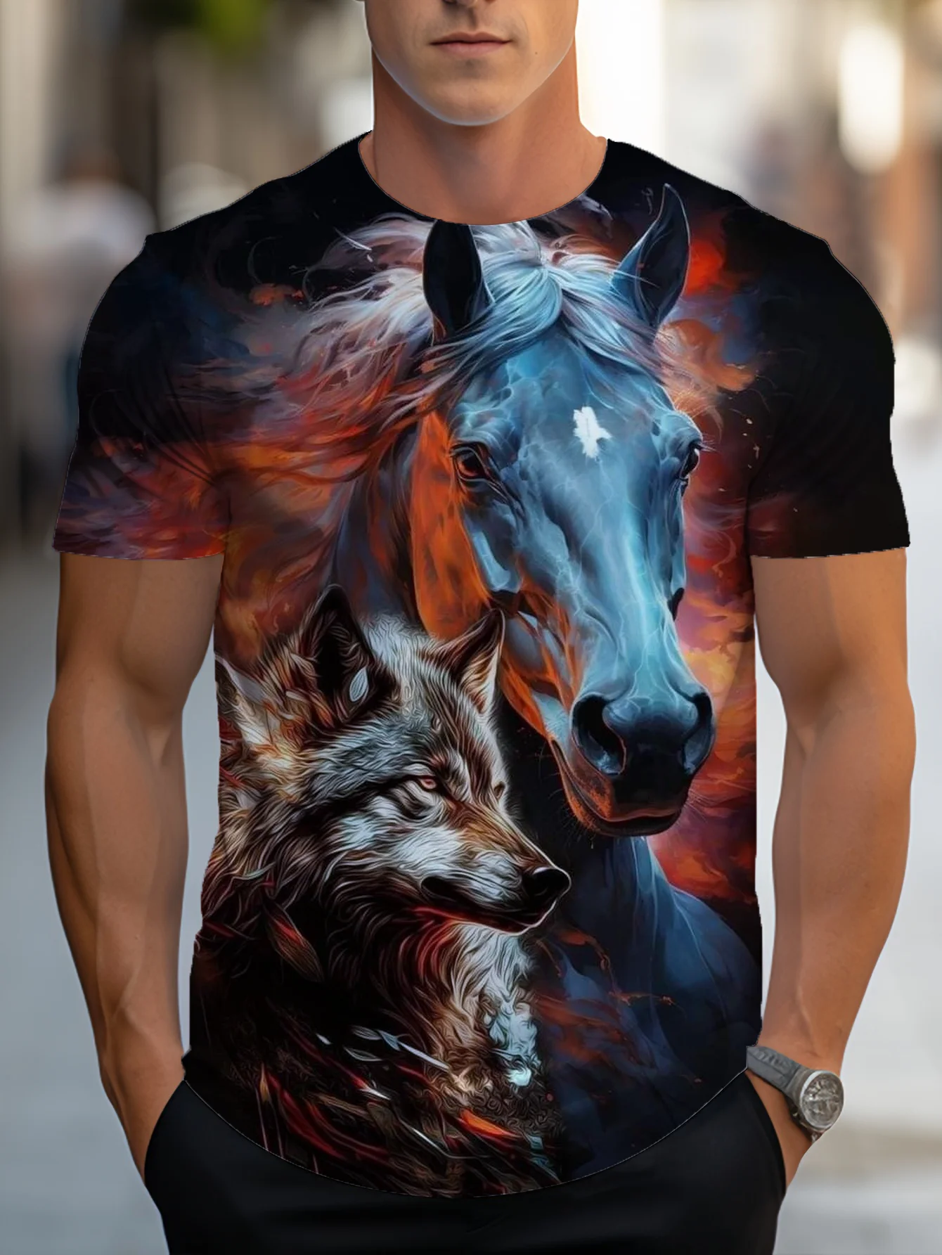 2026 New Casual Men's Short-Sleeve T-Shirt, Zodiac Horse Animal Print Crew Neck T-Shirt, for everyday casual men's wear.