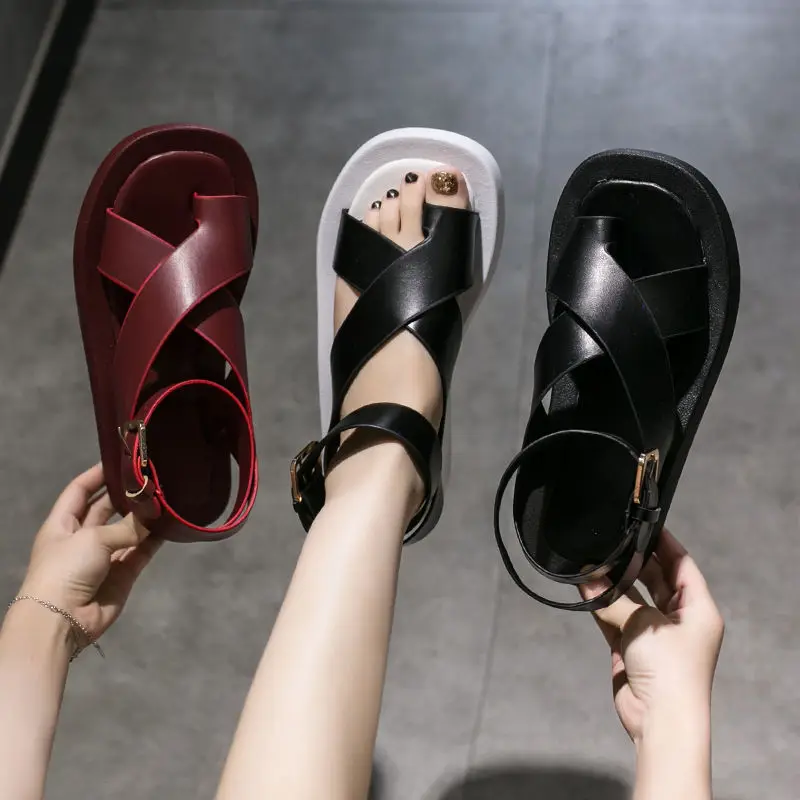 Casual Buckle Strap Women Sandals PU Leather Women Shoes 2023, Summer Clip Toe Sandals Fashion Roman Shoes Black Muffin Sandals