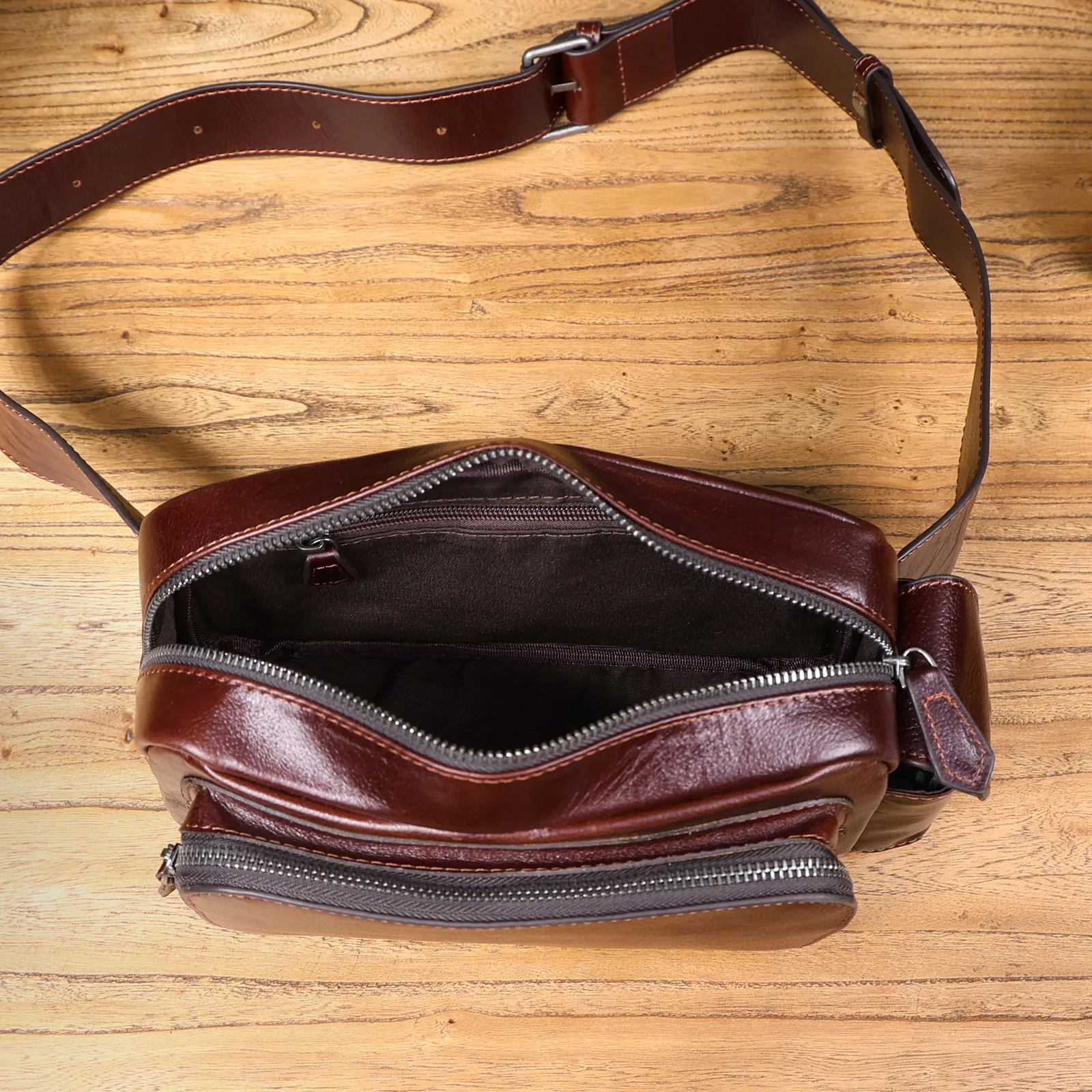 Vintage-Umhängetasche aus hochwertigem, pflanzlich gegerbtem Echtleder für Herren, modische Schultertasche, Motorrad-Umhängetasche – Detail 29
