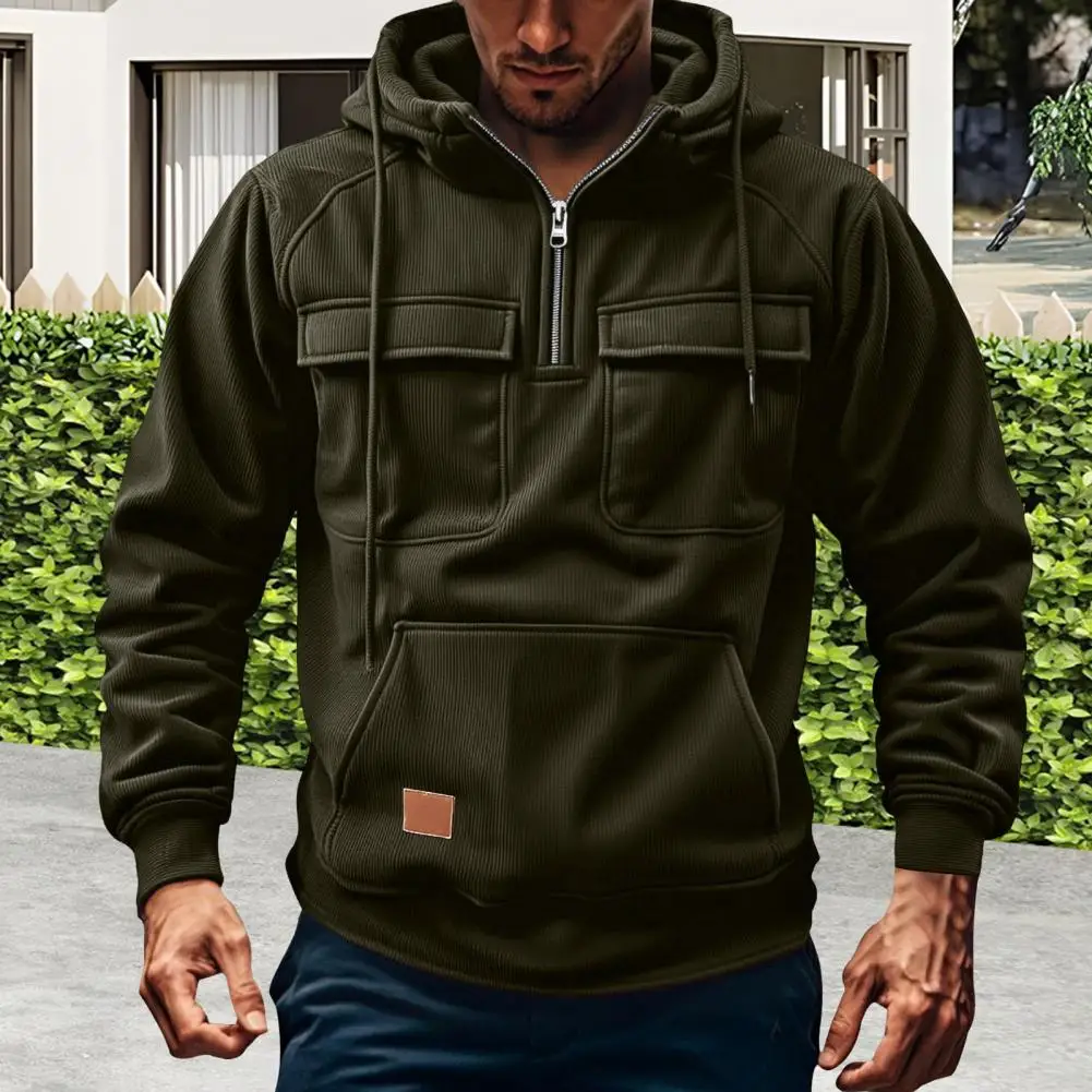 Comfortable Men Sweatshirt Men Hoodie Men's Zipper Hoodie with Half Placket Multi-pocket Drawstring Sweatshirt Long Sleeve Sport