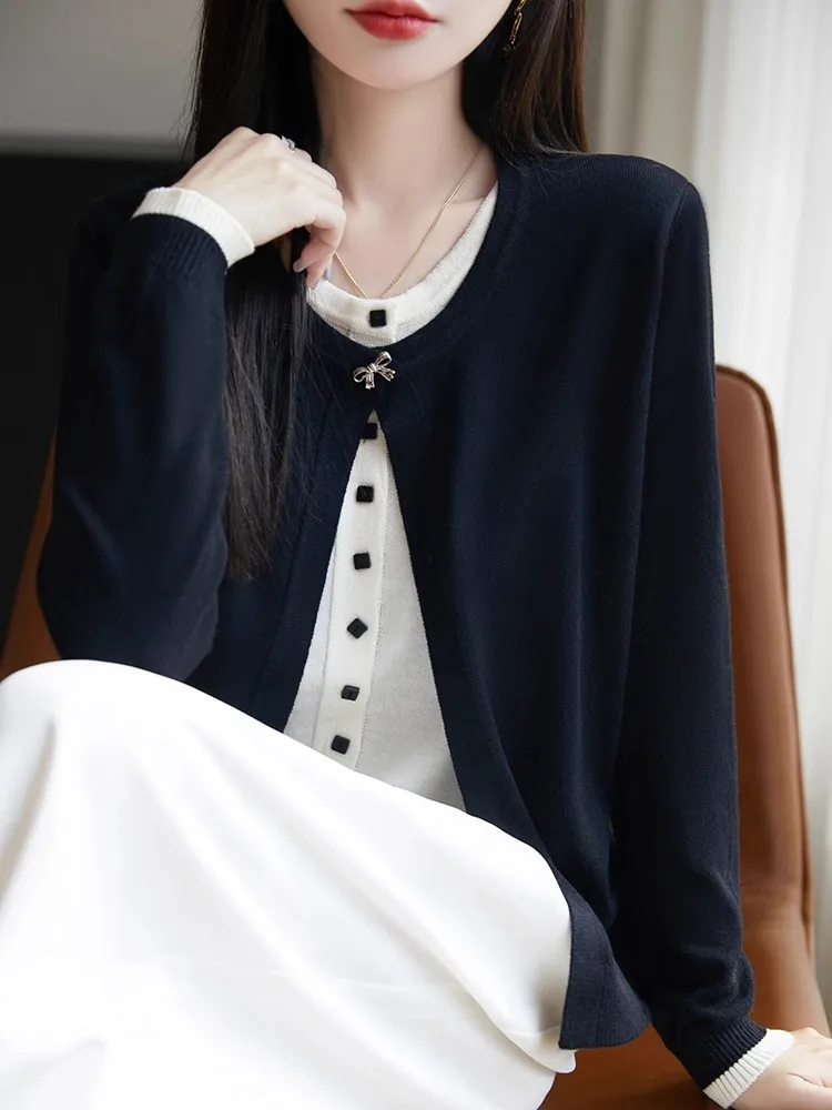 Korean Sle round Ne Knitted Open Cardigan Women's Loose Slimming Top Fake Two-Piece Long Sve Regular Length Buttoned