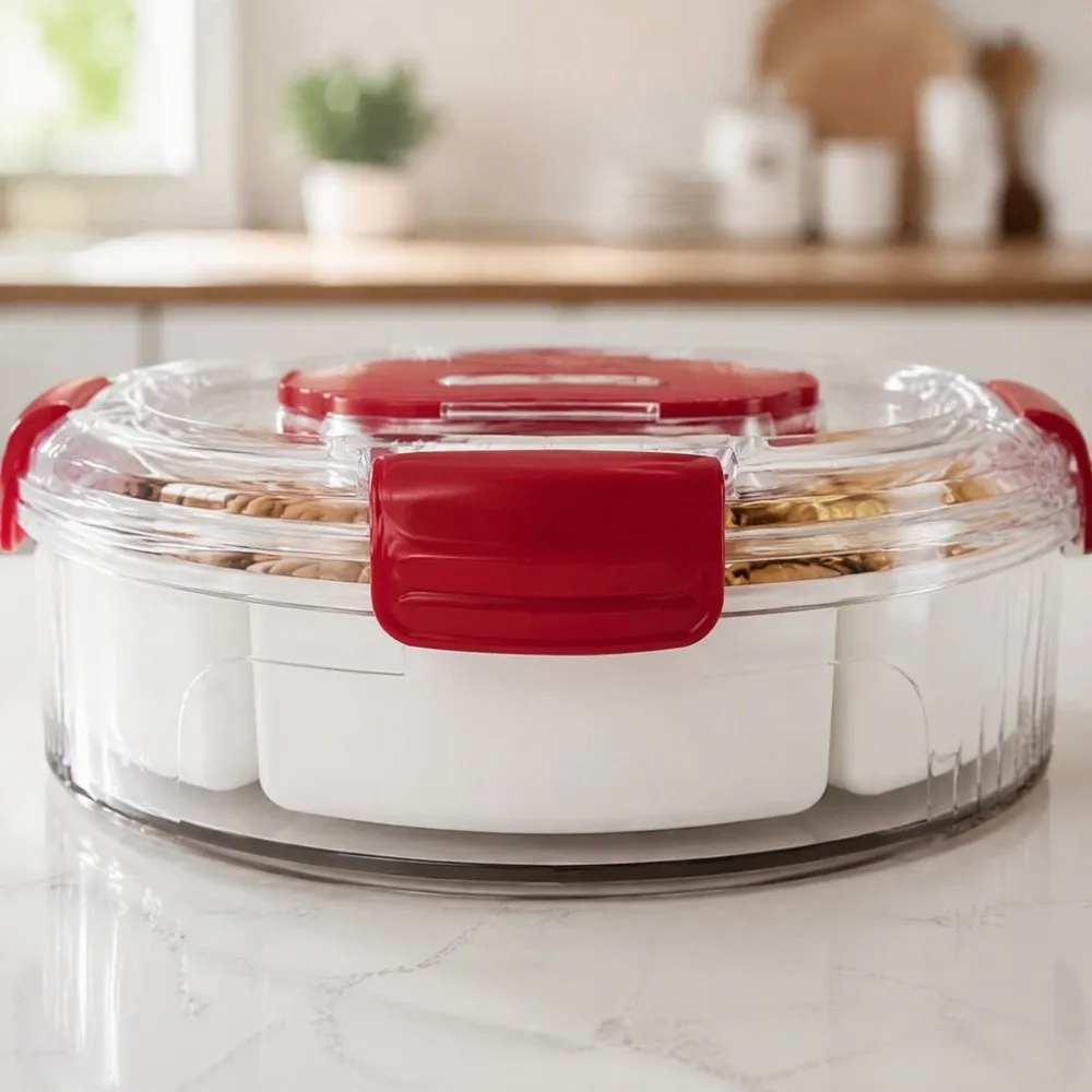 Sealed Rotating Serving Tray Compartmentalized Transparent Lid Rotatable Snack Container Divided Phone Slot Rotating Fruit Tray