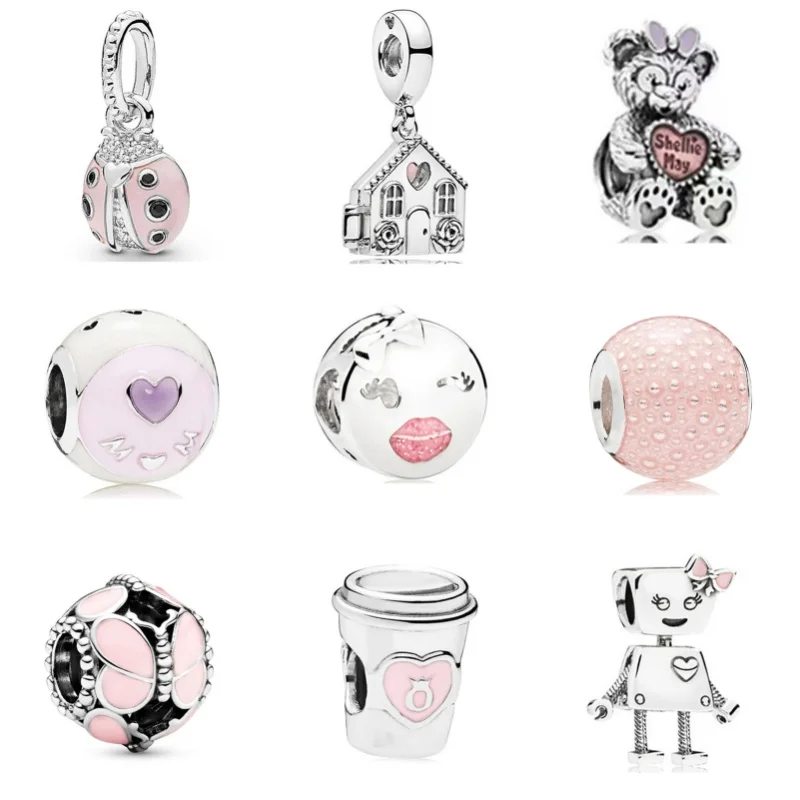 New Pink Series Heart Charms Beads Mom Bracelets Accessories Necklace Pendant Mother's Day Gift For Pandora DIY Jewelry Making