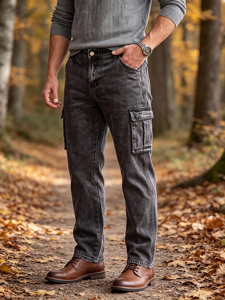2026 Autumn Daily Casual Mens Denim Straight Pants Fashionable Solid Color Multi Pocket Cargo Trousers Outdoor Wear For Men