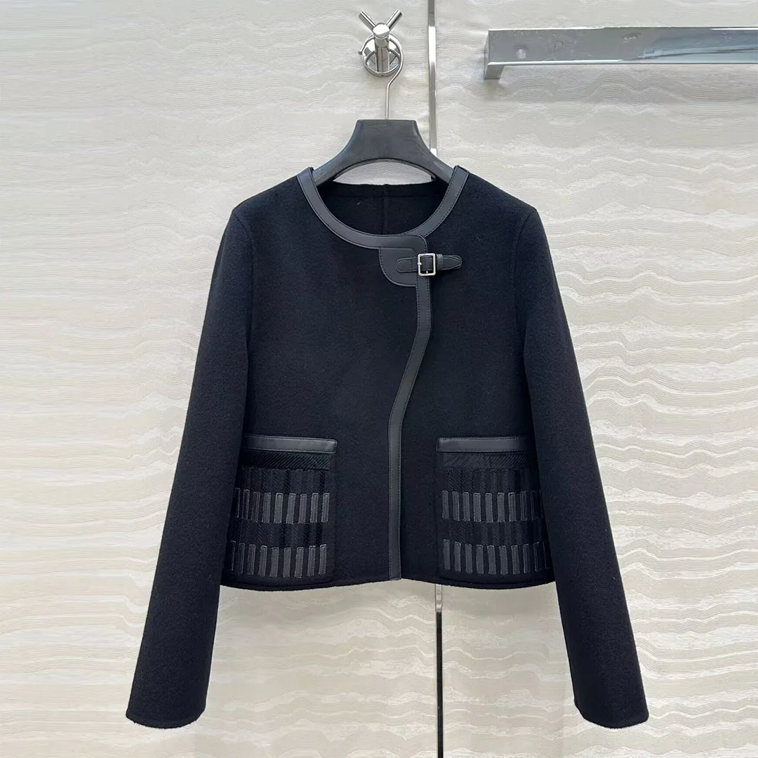 

2025 New Winter Wool Cashmere Double-sided Woolen Coat Women Sheepskin Leather Patchwork Buckle Embroidery Pockets Short Jacket