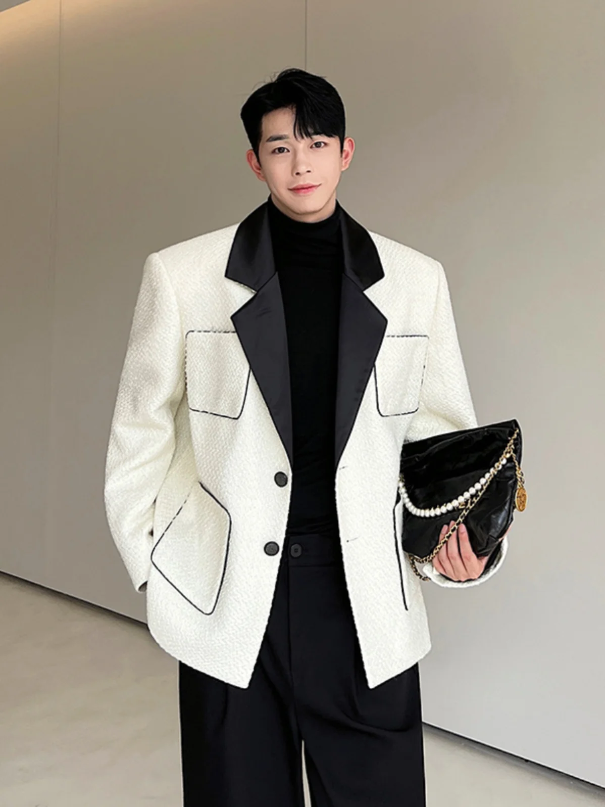 Autumn Winter Thiened Color Blo Small Fraance Sle Men's Suit Jaet Loose Fit Notch Collar Korean Design Faionable