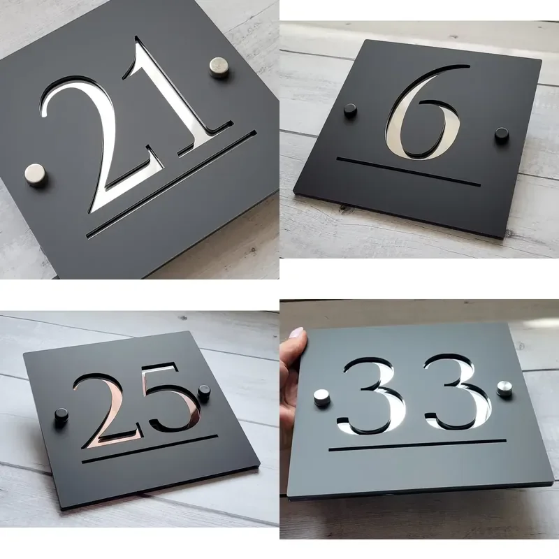 Personalized Matte Black Gold Acrylic House Number Sign - Custom Mirror Gray Address Name Plate for Outdoor Door