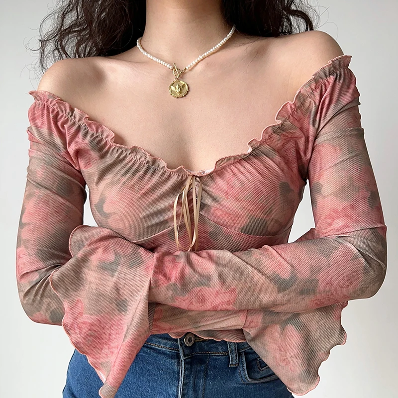 HELIAR Women Ruffles Floral Printed T-shirt Lace Up Flare Sleeve Sweet Elegant Blouse Girl Office Crop Top Beach Tee Autumn