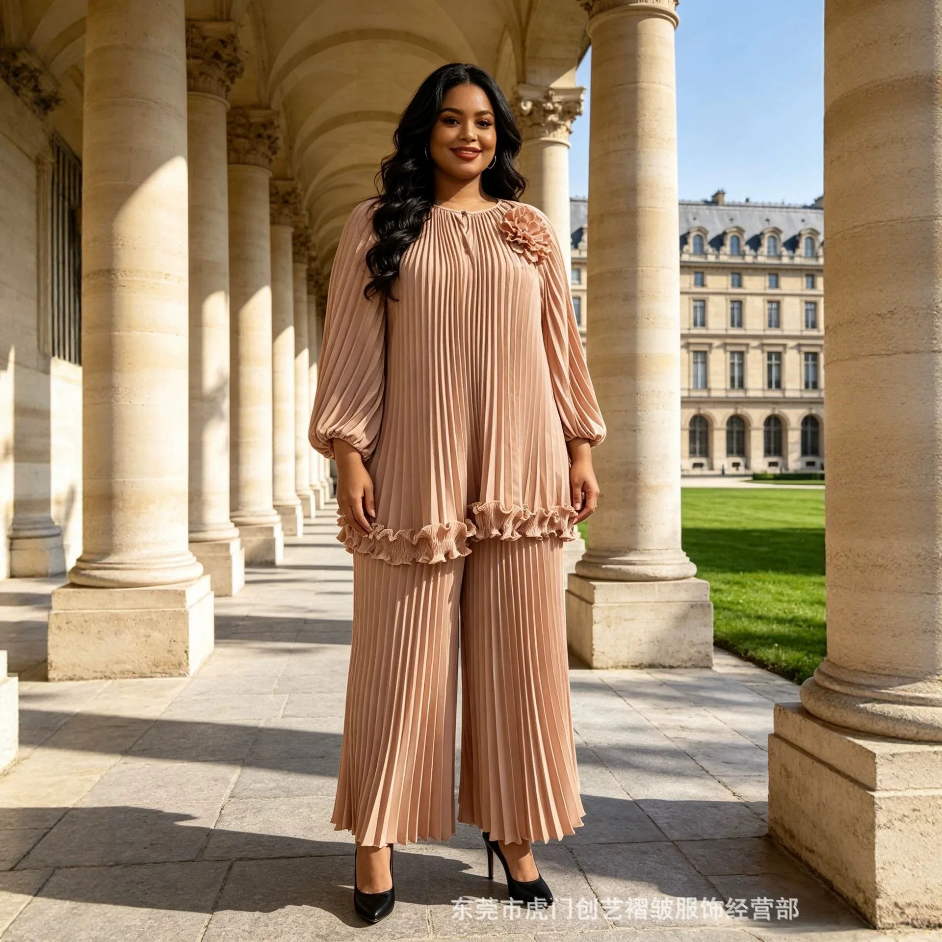 Miyake Plus-size Women's Fashion Two-piece Set Featuring Wide-leg Pants. With A Slimming Effect And A Ruffled Hem