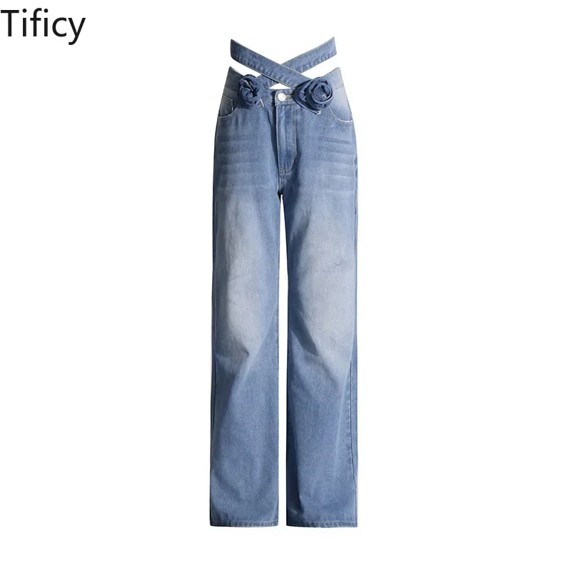 TIFICY Fashion sexy women's Wash high waisted jeans new cross strap three-dimensional flower straight leg casual denim pants