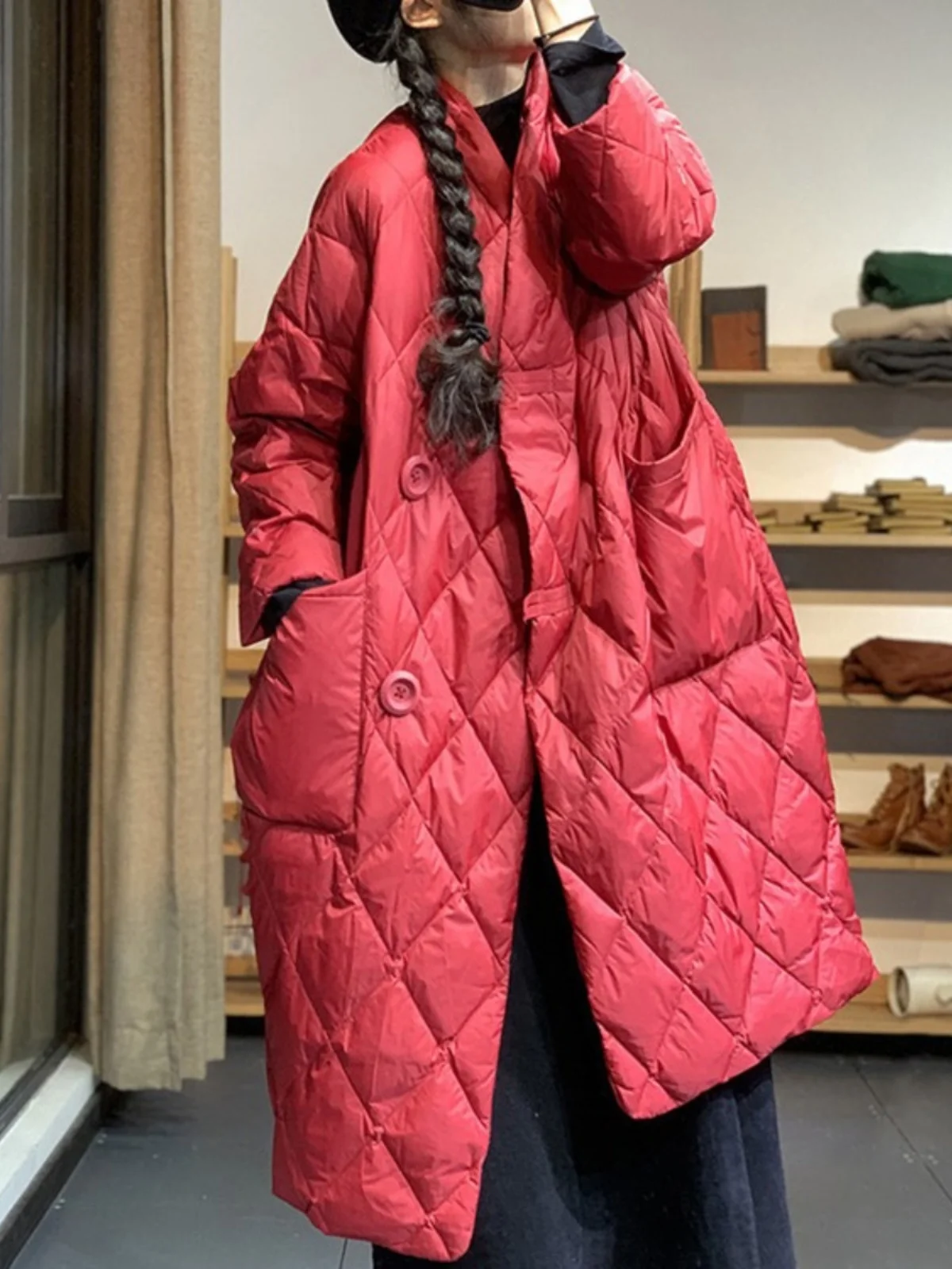 

Women's Long Oversized down Cotton Jaet Winter Warm Thien V-ne Single-button Pure Color Faionable Quilted Coat