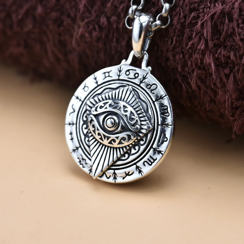 

Twelve constellation Horus eye retro affordable luxury niche Tide pendant rotating Seiko 925 silver necklace men