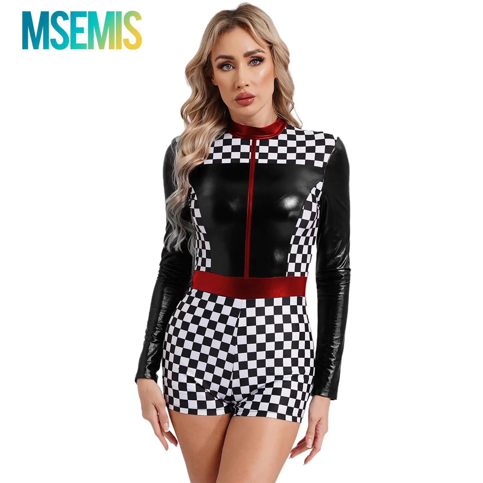 

Womens Racer Romper Bodysuit Cheerleading Uniform Long Sleeve Boyshorts Checkerboard Print Driver Jumpsuit Halloween Costumes
