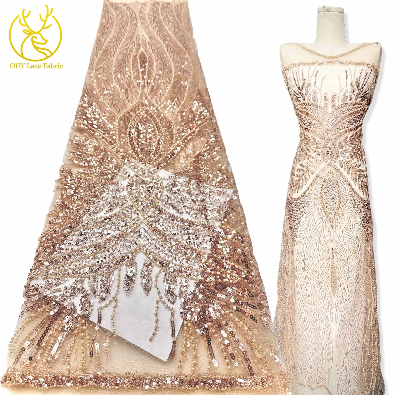 

2025 Luxury High Quality African Beaded Lace Fabric 5 Yards France Nigeria Sequins Tulle Lace Fabric Party Celebration Dresses