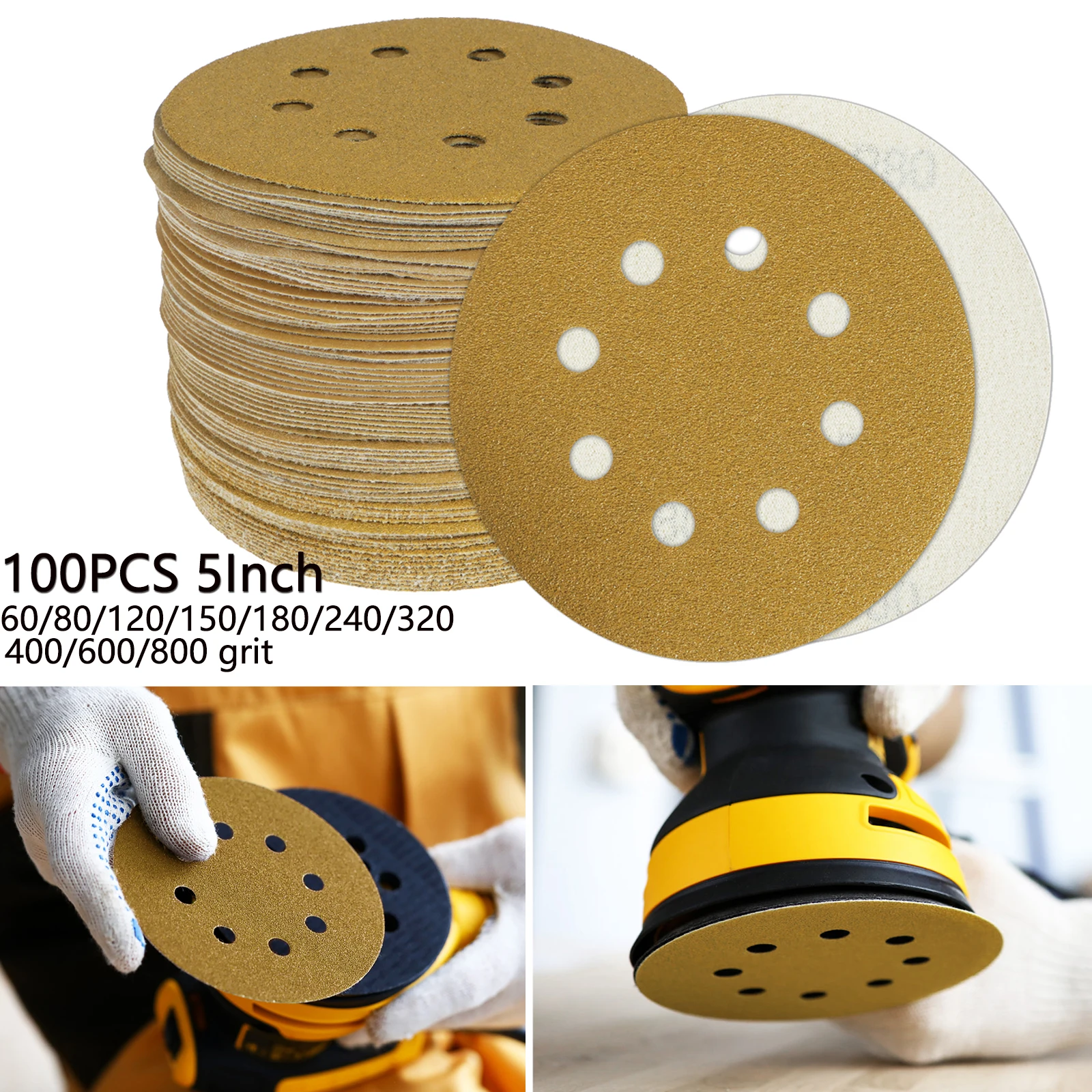 100pcs Sandpaper 125mm Sanding Discs 5Inch 8 Holes Hook and Loop Round Sand Paper 60-800 Girt for Random Orbital Sander