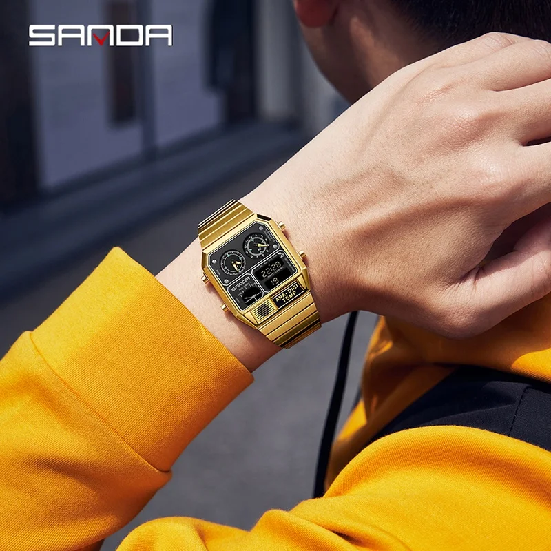 Sanda-Reloj de pulsera cuadrado electrónico Led para hombre, cronógrafo con termómetro multifunción, informal, para jóvenes, a la moda, superventas