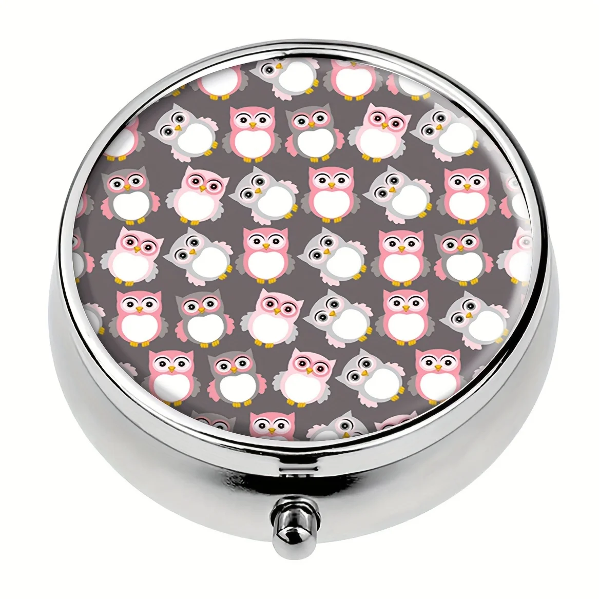 Cute Pink Gray Owls Round Pill Box,Household Portable Medicine Storage Box,3-grid Sub-packaging Medicine Box,For Outdoor Travel