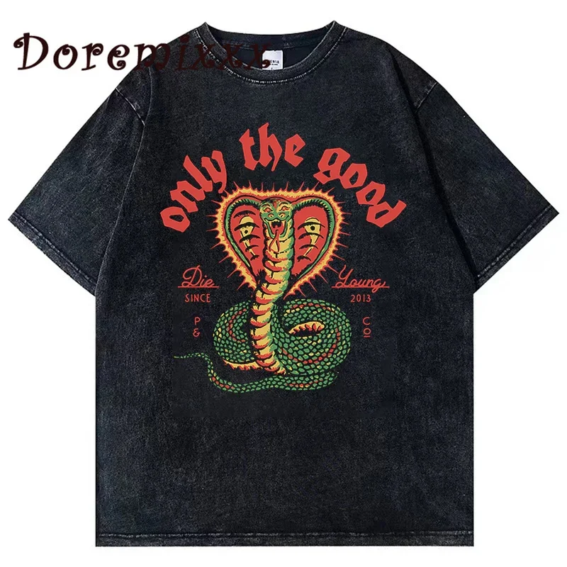 Unisex Oversized Washed Tshirts High Street T-Shirts Women Fashion Tiger Snake Hip Hop Breathable Tops Men Clothing Cotton Tees