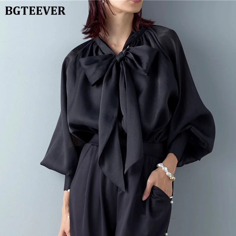 BGTEEVER Spring Autumn Loose Women Bow Shirts Long Sleeve Strand Collar Blouses Female Tops