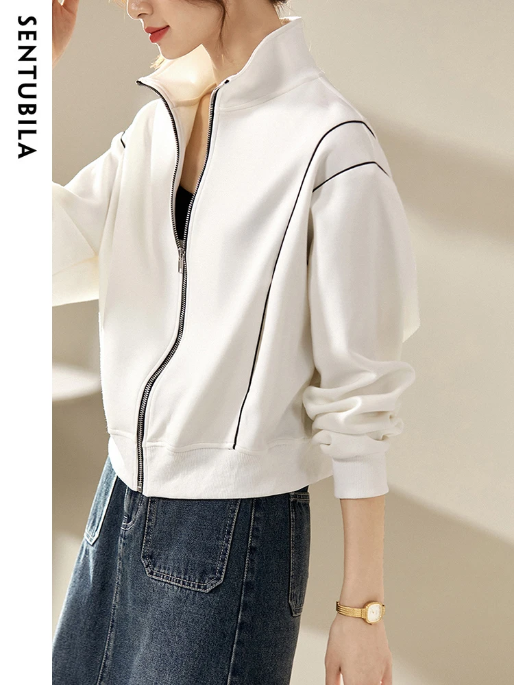 SENTUBILA Casual Cropped Jacket Women 2024 Spring Autumn Fashion Loose Stand Collar Jackets Female Zippers White Coats 131W45929