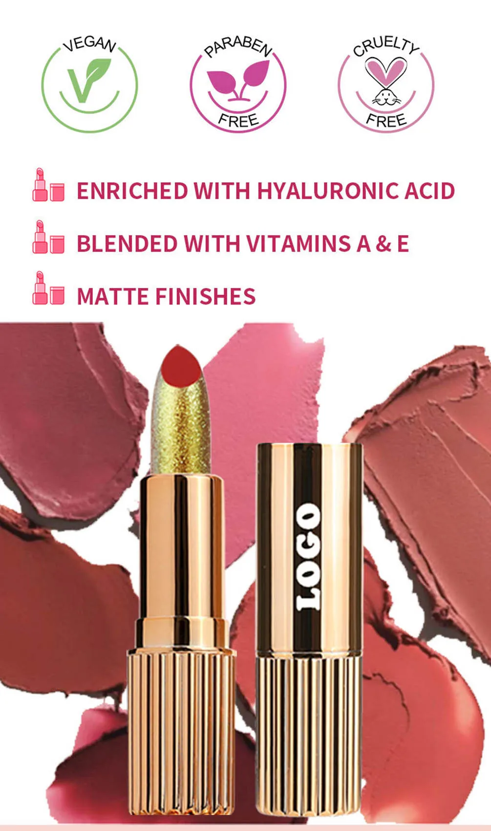 ลิปสติกเนื้อแมทท์ 24 สี ผลิตภายใต้แบรนด์ส่วนตัว รับทำโลโก้ สีทอง ติดทนนาน กันน้ำ ไม่หลุดลอก ขายส่ง