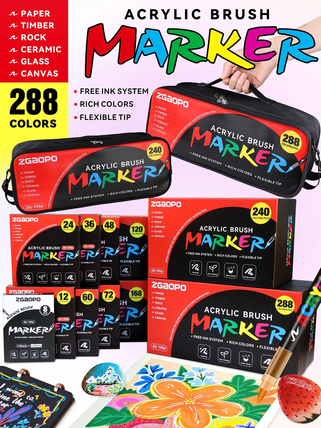 Direct Liquid Acrylic Paint Pens, 12/24/36/48/60/72/120/168/240/288 Colors Acrylic Paint Pens, Soft Brush Tip, Water-Based Acrylic