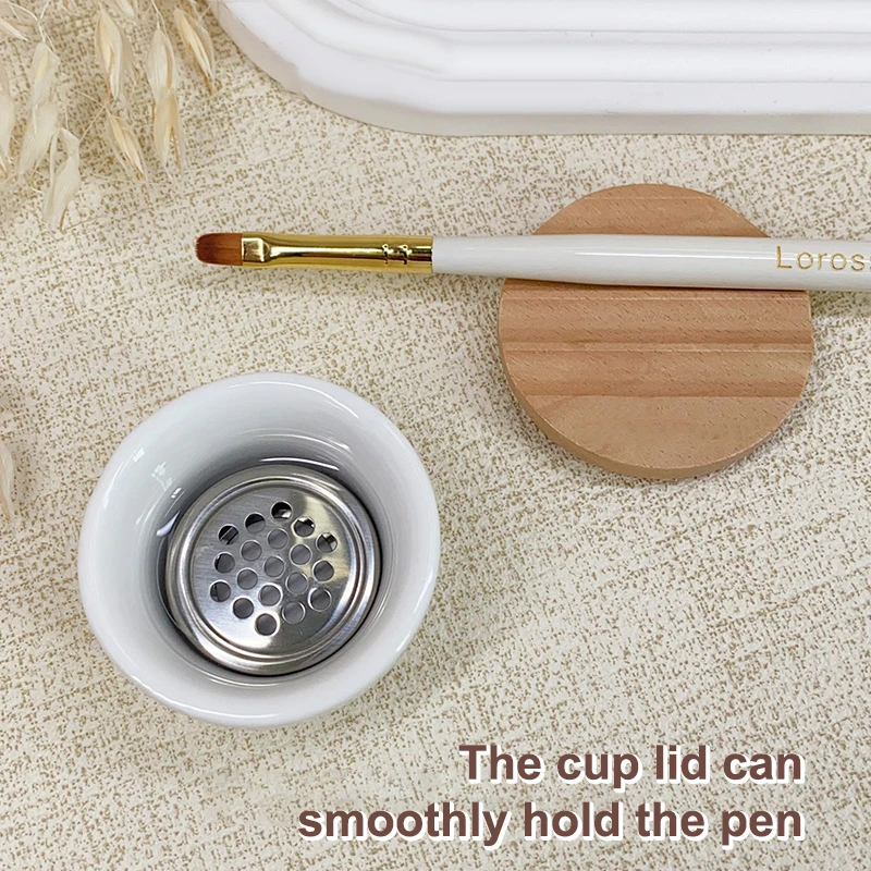 Brosses à ongles tasse de lavage céramique brosse à ongles nettoyant Dappen plat avec couvercle en bois acier inoxydable maille filtre tasse outil à ongles