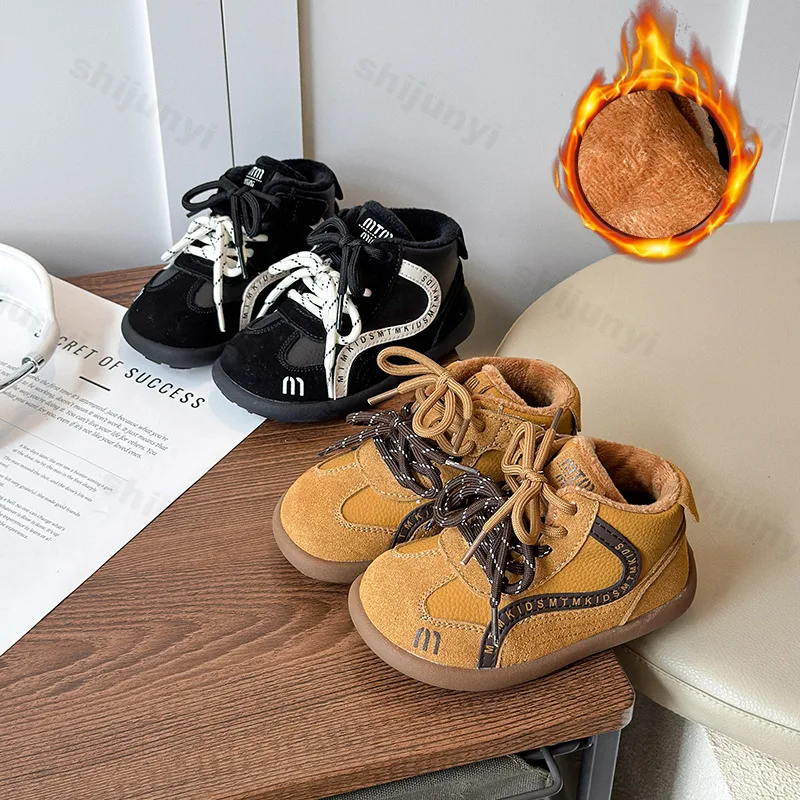 

Children's Sneakers 2025 Winter New Boys Plush Thicken Warm Cotton Shoes Lightweight Comfortable Lace Up Girl Casual Board Shoes