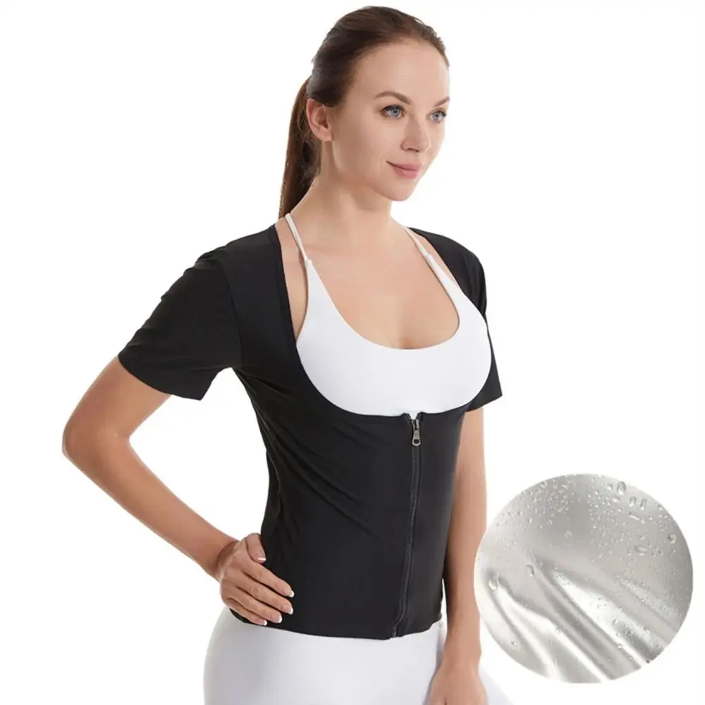 Ternos de sauna femininos com captura de calor, manga curta, design com zíper, roupa modeladora de compressão, push up, camisas de suor para sauna