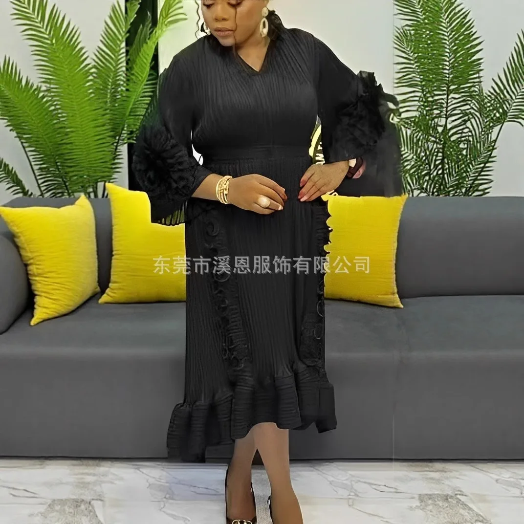 Miyake vestido plissado plissev-neck cor sólida dobra flor cintura plissado vestido longo babados vestidos femininos plissados plus size