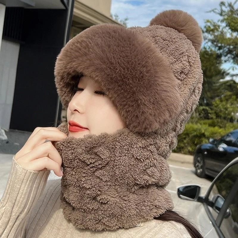 

Thickened Fleece Winter Hat with Scarf Integrated Cycling Windproof Vehicle Warmth Head Cover Unisex No Brim Cap