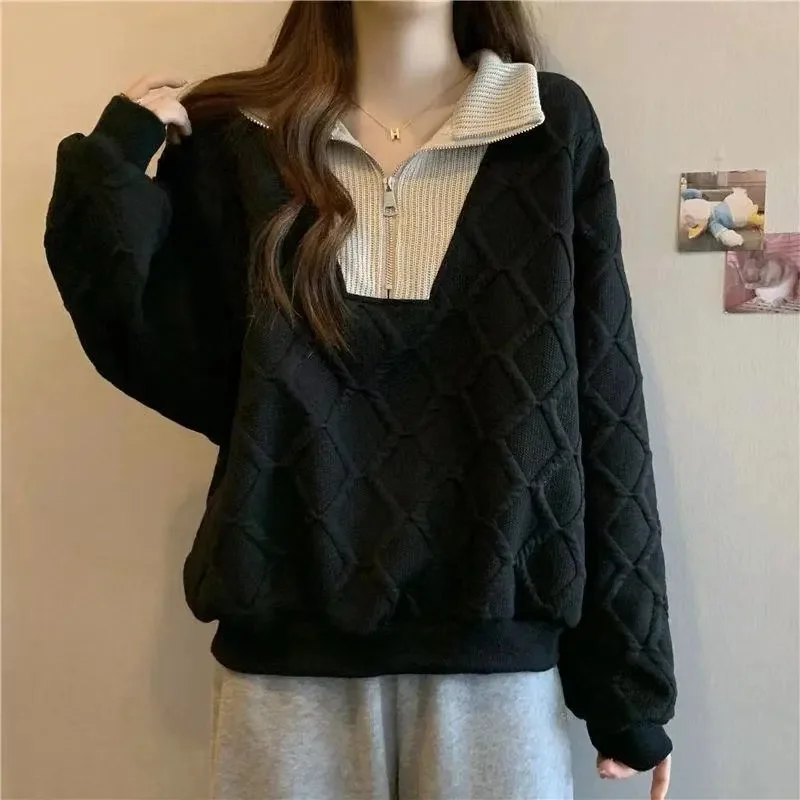 

2023 Design Senses Small Crowd Zipper Stereoscopic Diamond Checker Sweater Women's Autumn Winter Lazy Style High Grade Sense Top