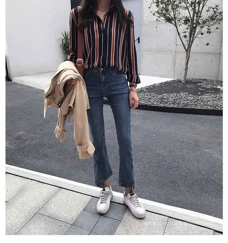 

Clothing Thin Striped Temperament Blouses Turn-down Collar Loose Button Office Lady Elegant Fashion Formal Spring Summer