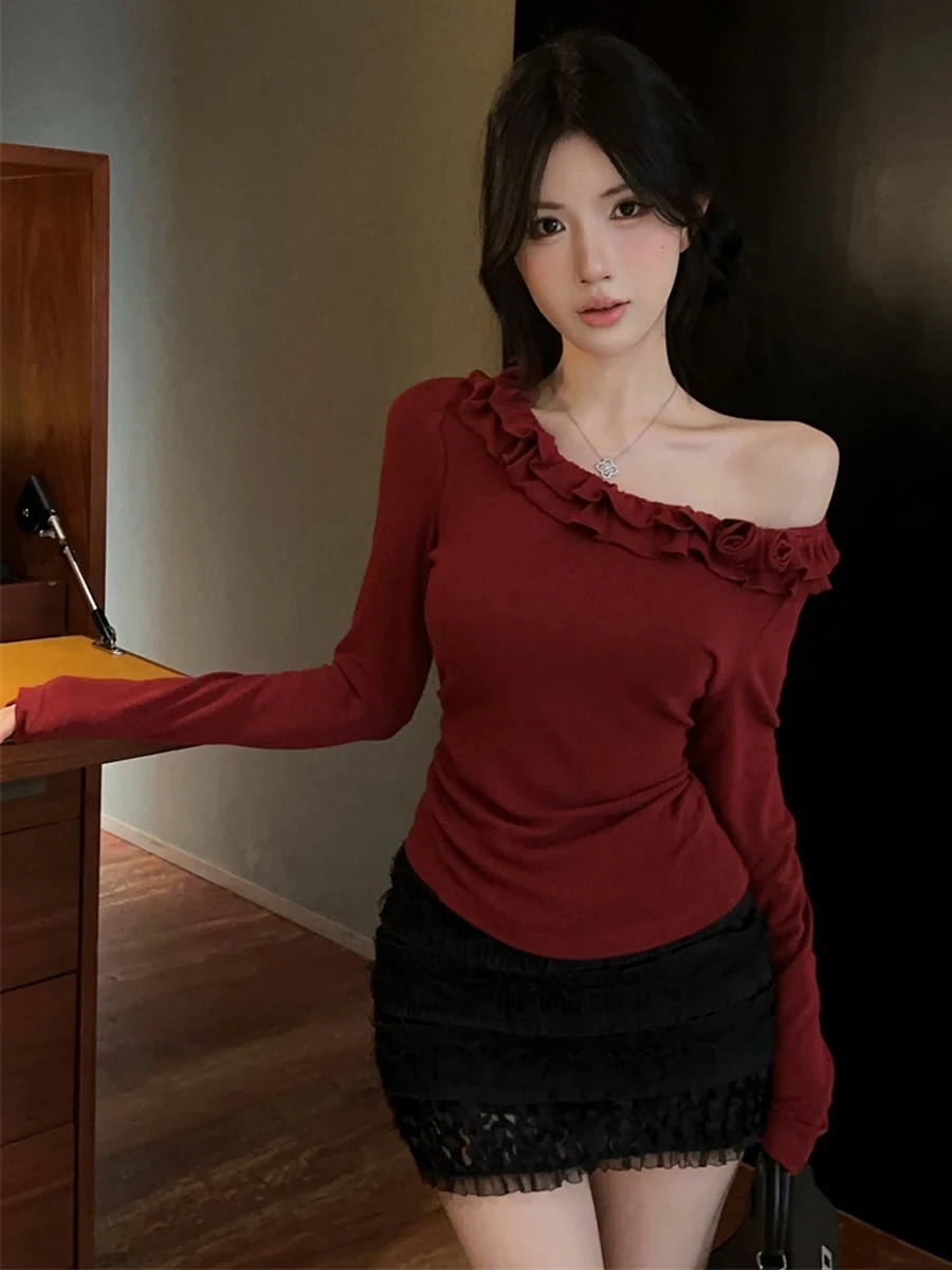 Sexy Unique 3D Flower Lace Design One Shoulder White Enhancing Base Top Polyester Long Sleeve High Waist Breathable Comfortable