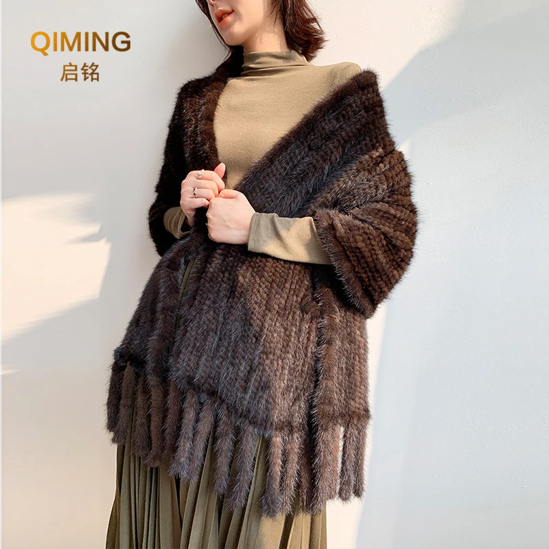 Long Style Large Winter Scarf Real Mink Fur Scarf Fringe Lady 100% Natural Mink Fur Shawl Women Knitted Fur Pashmina Scarves