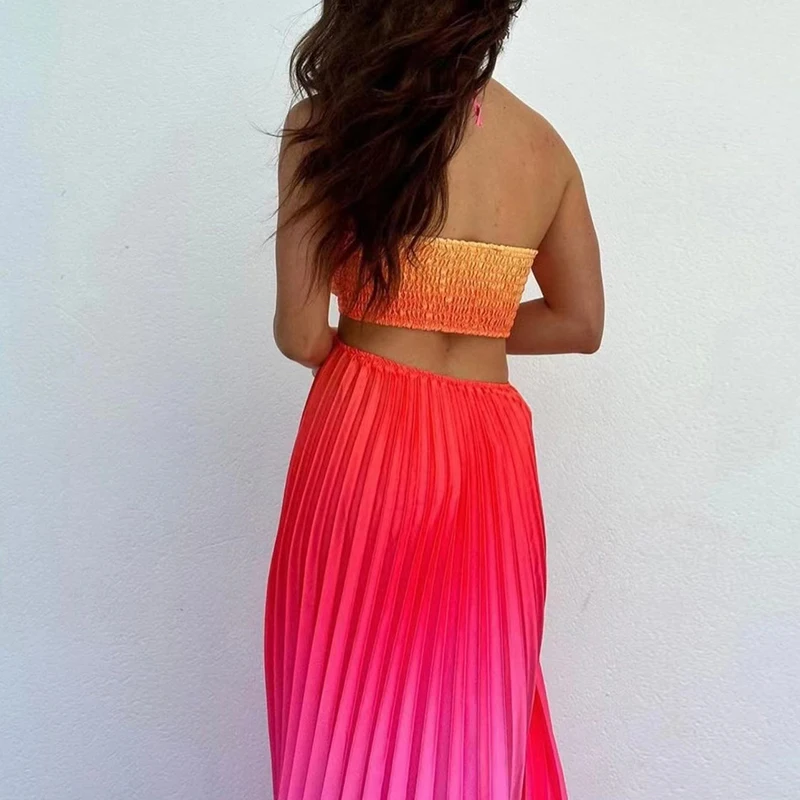 Women Sexy Halter Backless Pleated Long Dress Spring Tie-dye Print Splicing Maxi Dress Summer Sleeveless Hollow Boho Beach Dress