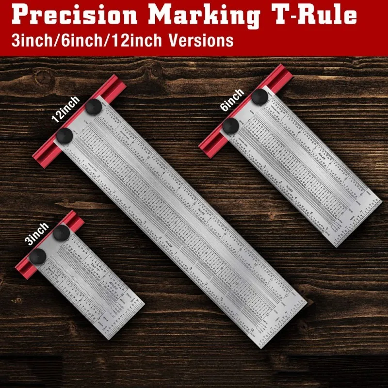 Allsome T-RULE Precision Marking 3/6/12 Inch Stainless Steel Woodworking Marking Scribing Line Carpenter Square Measuring Tool