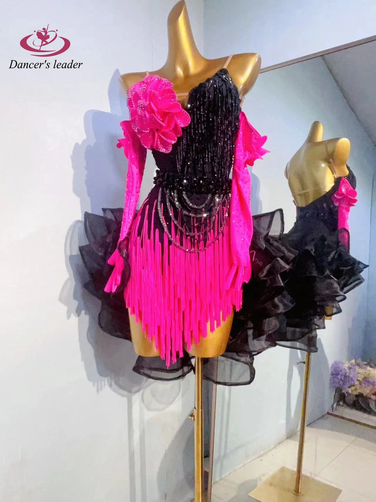 Latin Dance Practice Stage Women's Clothing High-end Custom Black Mesh Skirt Samba Rhinestone Clothing Dress