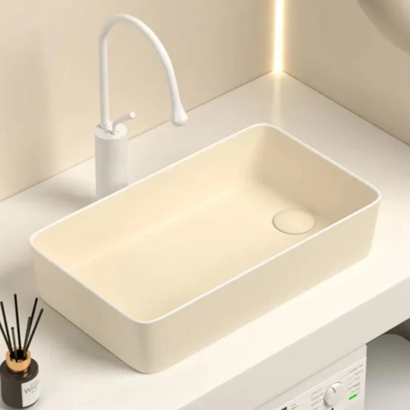 Cream Style Square Ceramic Countertop Basin, Side Drain Bathroom Sink, Modern Porcelain Washbasin for Home & Apartment Bath