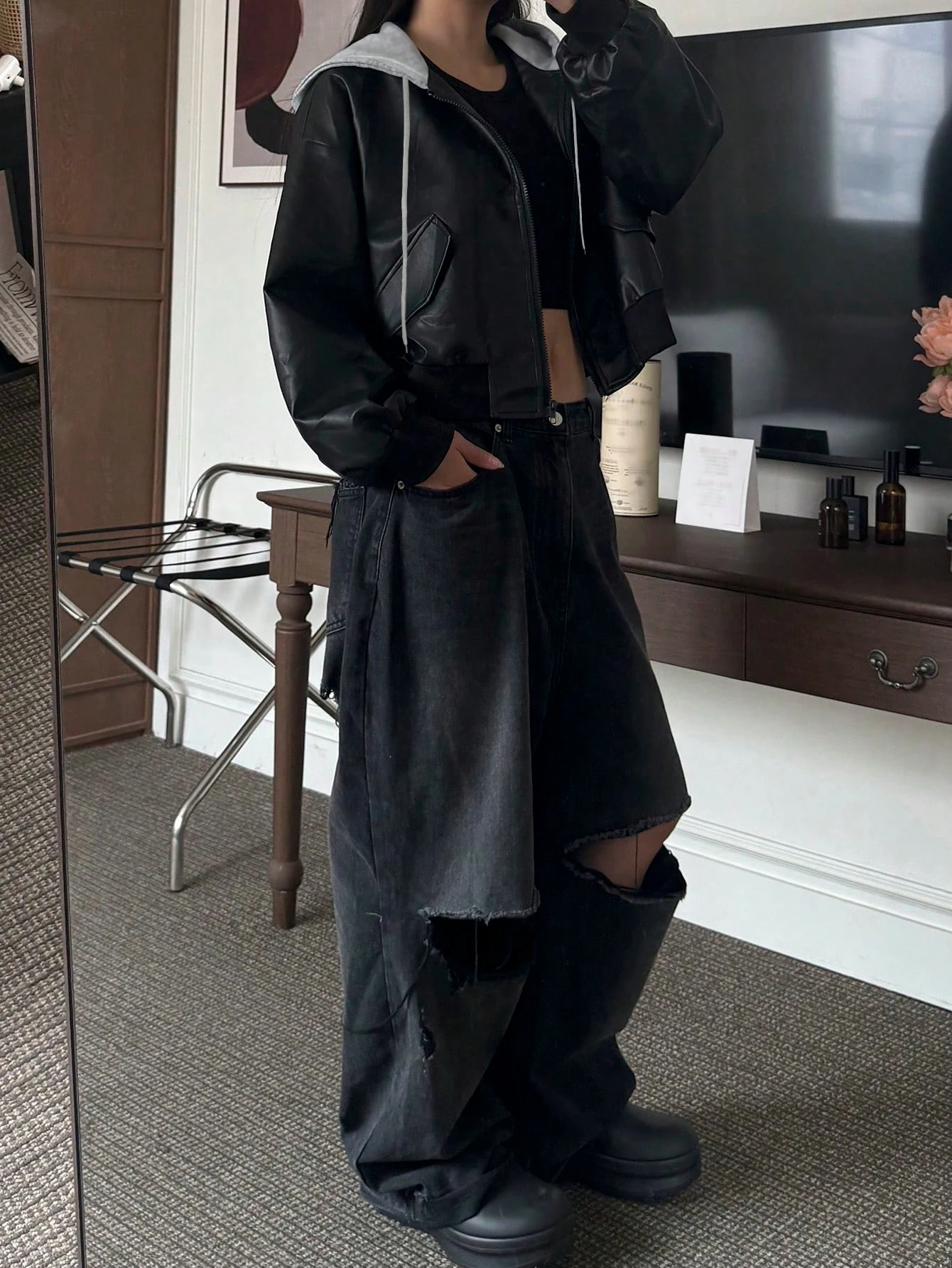 Women's casual contrast color drop shoulder long sleeve zipper hooded jacket | PU leather front zipper hooded loose jacket | Aut