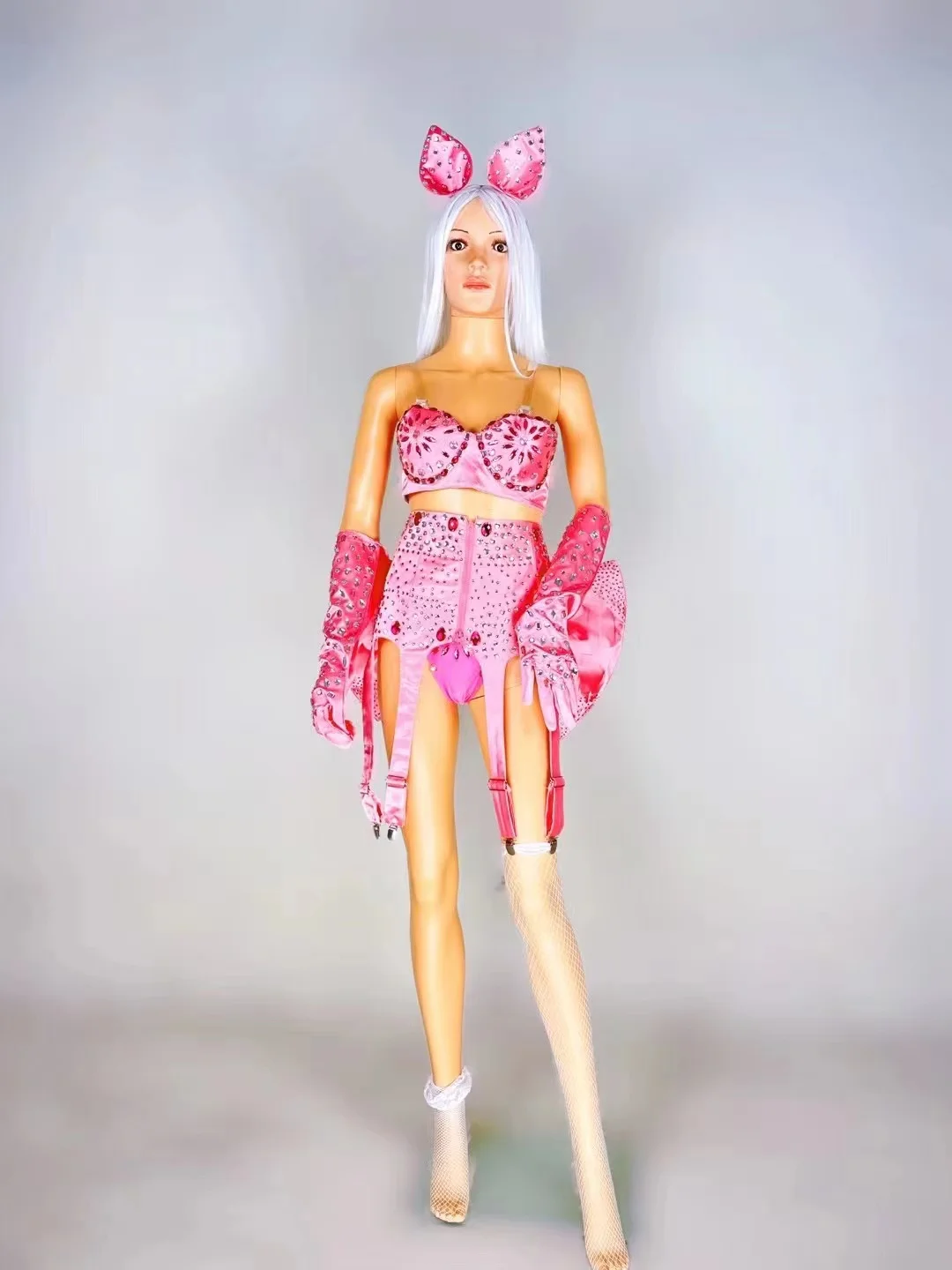 Sexy Pink Rhinestone Bikini Suit Pole Dance Costume Party Carnival Rave Outfit Nightclub Dancewear Drag Queen Costume VDB6406